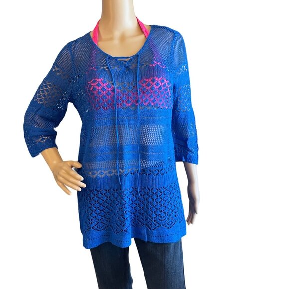 Chicos Blue Crochet Knit Top Size M Swim Cover Up Pullover Lightweight Color Pop - Picture 4 of 12